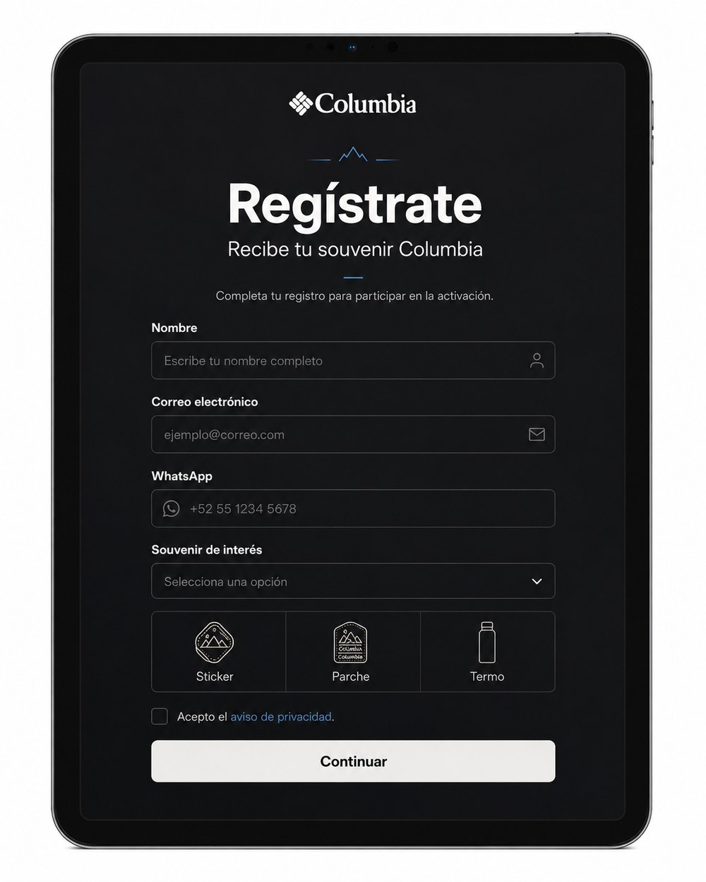Pantalla de registro en iPad