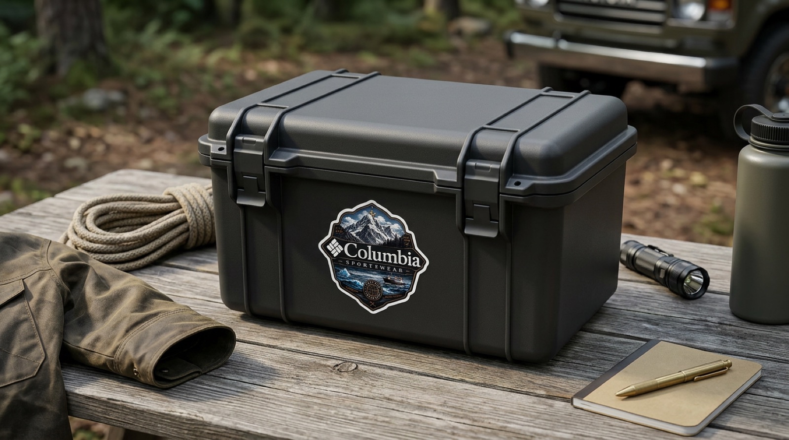 Sticker Columbia Exploration Gear sobre caja outdoor